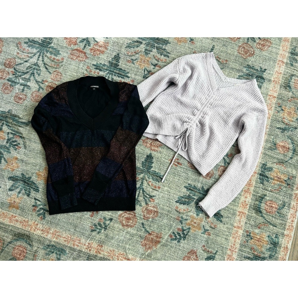 Lot Of Two Women's Sz M Assorted Style Metallic Pullover Sweaters EUC Express